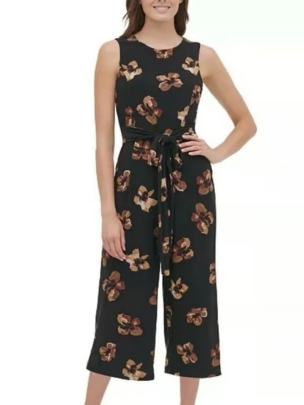Tommy Hilfiger Black Tan Floral Sleeveless Tie Waist Cropped Jumpsuit
